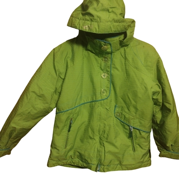 Obermeyer Kids Lime Green Raincoat With Blue Lining And Many Pocket And Features - Picture 1 of 14